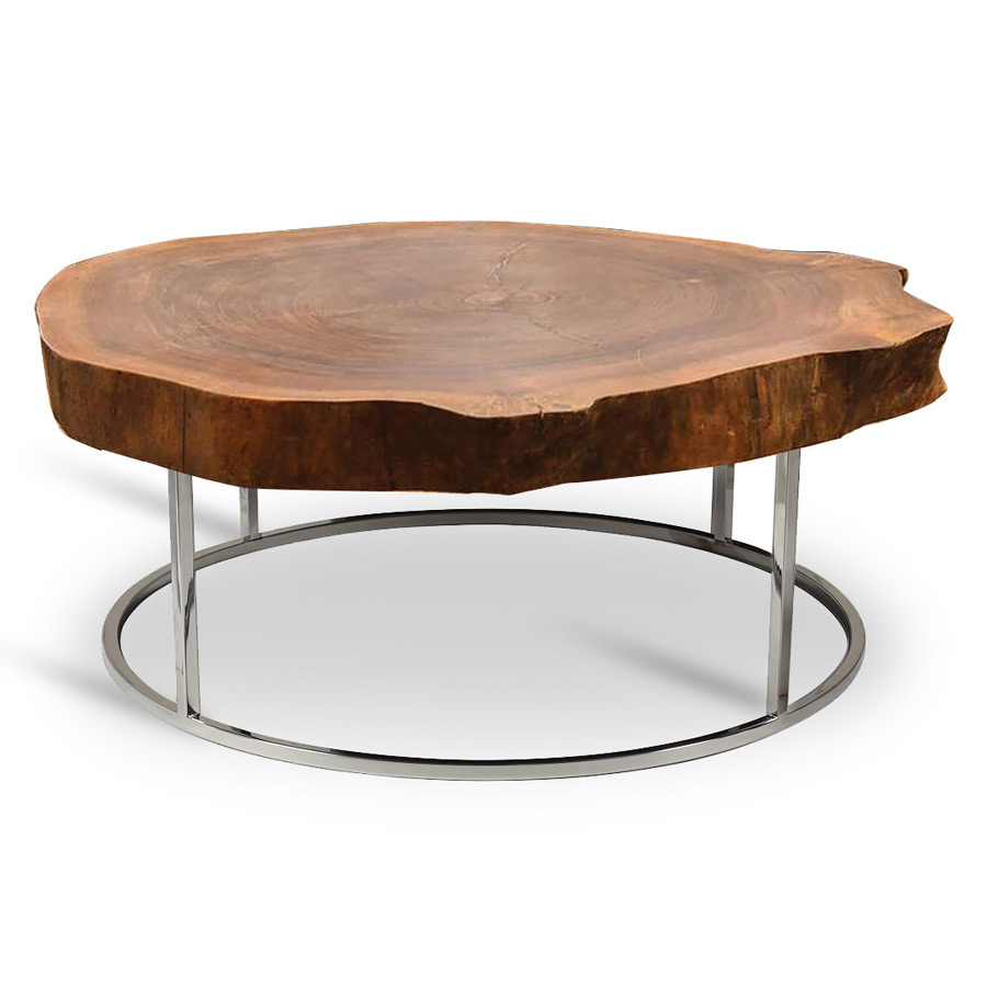 Slab Wood Round Coffee Table On Chrome, Low Round Wooden Coffee Table